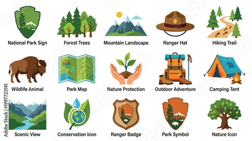 Collection of National Park and Outdoor Adventure Icons, including wildlife, landscapes, and recreational activities.