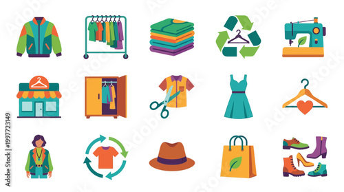 A collection of flat icons representing various aspects of the fashion industry, including clothing, retail, and sustainability.