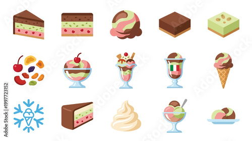 A vibrant collection of delicious desserts, including layered cakes, ice cream sundaes, and frozen treats, presented in a visually appealing arrangement.