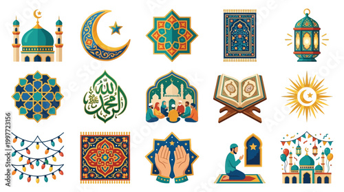 A vibrant collection of Islamic cultural symbols and decorations, including mosques, crescent moons, prayer rugs, lanterns, and calligraphy, suitable for Ramadan and Eid celebrations.