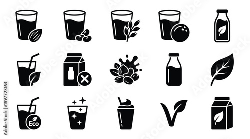 Collection of black and white icons representing various plant-based milk and beverage options, including ingredients and symbols.