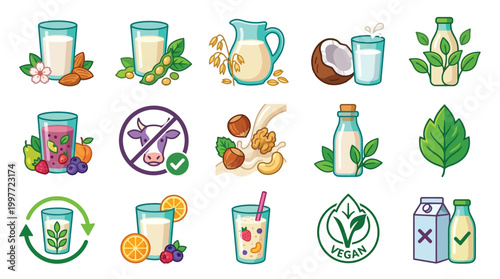 Collection of colorful illustrations depicting various types of plant-based milk and vegan products, emphasizing healthy and sustainable choices.