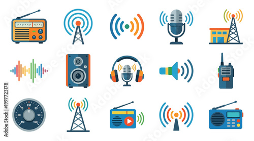 A collection of 15 flat design icons representing various aspects of radio communication and audio technology.