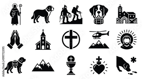 Collection of Icons Representing Religious Figures, Dogs, Mountains, and Rescue Services.