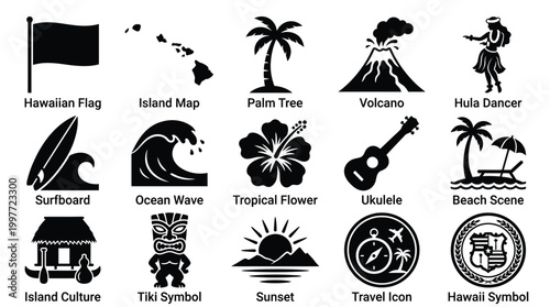Collection of icons including a flag, map, palm tree, volcano, hula dancer, surfboard, ocean wave, tropical flower, ukulele, beach scene, island culture, tiki symbol, sunset, travel icon.