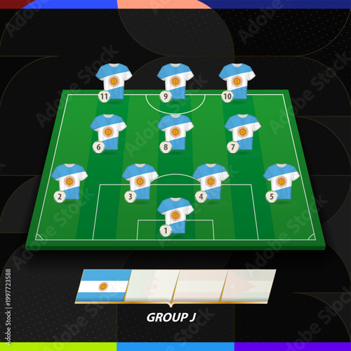 Argentina Football Team Lineup Formation on Soccer Field for International competition.