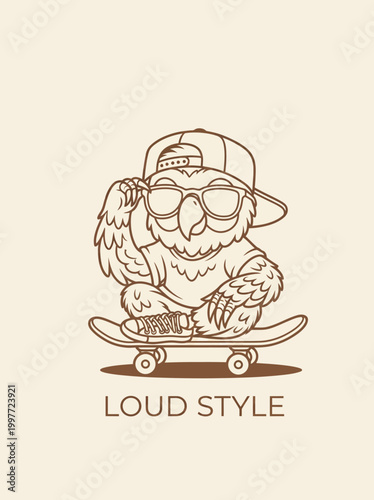 Owl wearing sunglasses and cap skateboarding.