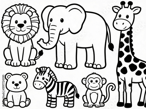 Cute zoo animals coloring book page with simple outline drawing