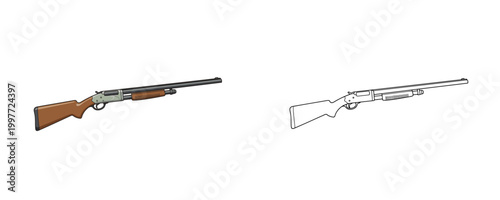 Pump action hunting shotgun in cartoon and line styles brown and silver colors weapon for sport and defense isolated on white background