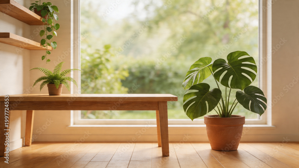 Fototapeta premium Biophilic Home Office with Lush Indoor Plants and Garden View - Virtual Background
