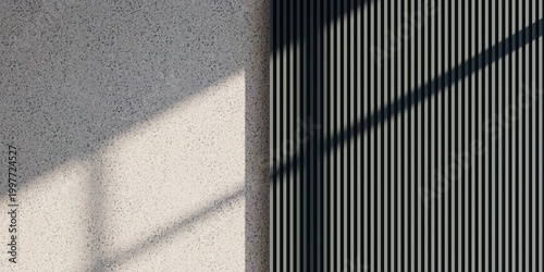 Modern Interior Wall Textures Background, Light Grey Terrazzo Stone and Dark Vertical Slat Panels with Sharp Sunlight Shadows for Minimalist Decor, Architectural Renderings, Mockups, 3d render