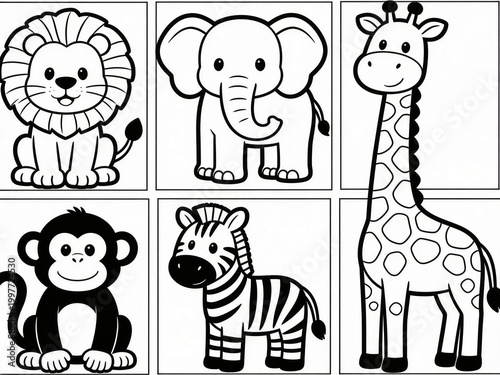 Cute zoo animals coloring book page with simple outline drawing
