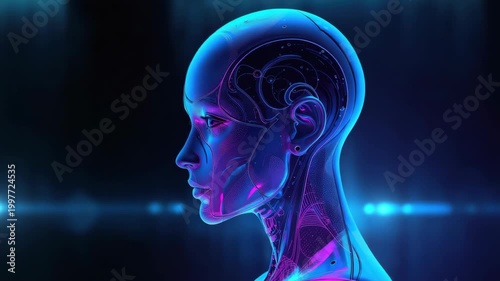 Futuristic humanoid robot profile portrait with neon circuitry, reflective synthetic skin