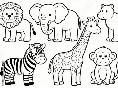 Cute zoo animals coloring book page with simple outline drawing