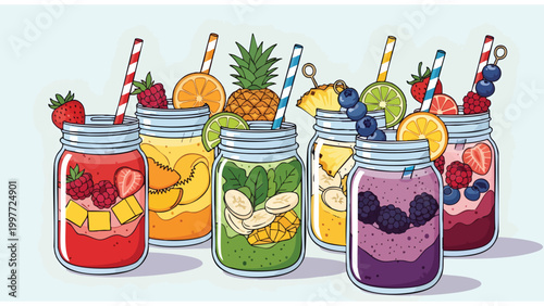 Colorful Variety of Fresh Fruit Smoothies and Juices in Mason Jars, Garnished with Healthy Berries and Citrus Slices, Hand-Drawn Illustration