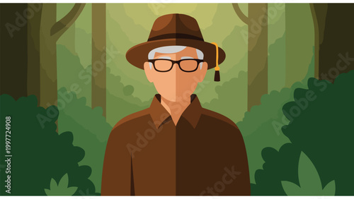 Wise Senior Man with Graduation Tassel in Forest; Experienced Explorer Flat Design Illustration