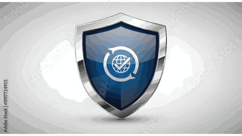 Global Security Update Shield Icon, Blue Metallic Design with Refresh Symbol on Gradient Background. Data Protection and Synchronization Concept.