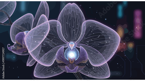 Luminous Cybernetic Orchid Bloom: Futuristic Digital Art Blending Nature and Technology with Glowing Translucent Petals and a Vibrant Energy Core