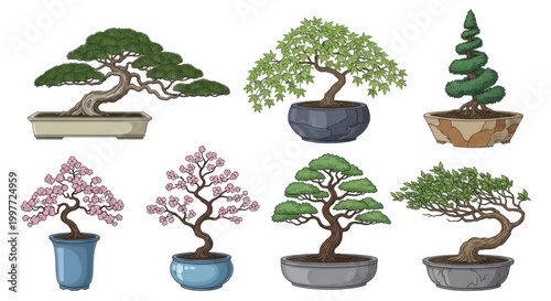 Collection of Diverse Bonsai Trees in Various Pots Vector Illustration.