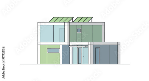 Modern Sustainable Modular House Illustration with Solar Panels on Roof Isolated on White Background