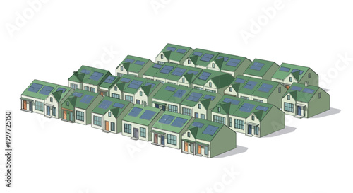 Isometric Sustainable Green Housing Community with Solar Panels. Eco-Friendly Suburban Neighborhood Development for Renewable Energy and Smart City Planning.