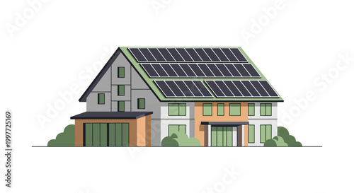 Modern Sustainable House Illustration with Solar Panels on Roof, Eco-Friendly Residential Building Vector for Green Energy Concepts