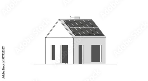 Minimalist House Illustration with Solar Panels on Roof for Sustainable Green Energy Concept - Eco-Friendly Home Design Line Art