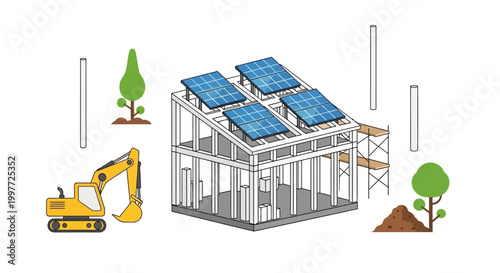 Eco-Friendly House Construction Site with Solar Panels, Excavator, and Scaffolding - Sustainable Building Concept Illustration
