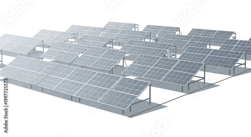 Solar Panel Array Field Isolated on White Background - 3D Render Illustration of Sustainable Renewable Energy Photovoltaic System