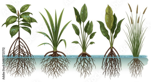 Illustration of Five Diverse Aquatic Plants with Visible Root Systems in Water.