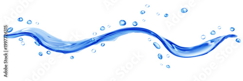 Translucent curved jet or splash of water with drops, in blue colors, isolated on transparent background. Transparency only in vector file