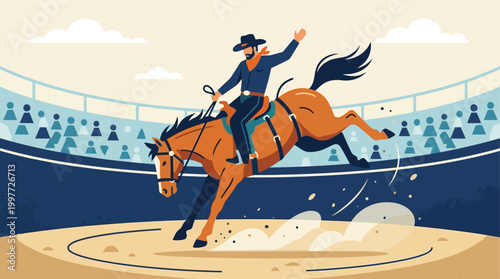 An energetic flat design illustration capturing the thrill of a cowboy on a bucking bronco at the Calgary Stampede rodeo.