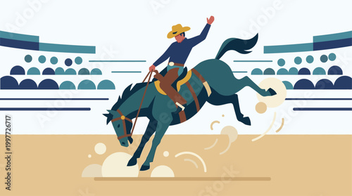An energetic flat design illustration capturing the thrill of a cowboy on a bucking bronco at the Calgary Stampede rodeo.