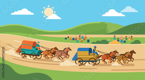 A dynamic flat design illustration showcasing a thrilling chuckwagon race, a highlight of the Calgary Stampede.