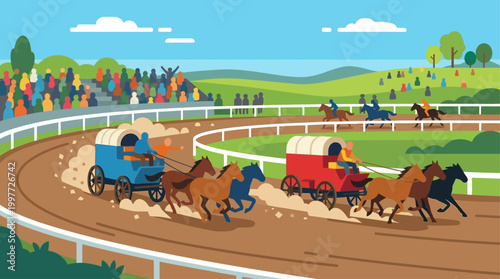 A dynamic flat design illustration showcasing a thrilling chuckwagon race, a highlight of the Calgary Stampede.