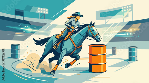 An exciting flat design illustration depicting a cowgirl and horse in swift action during a barrel racing event at the Calgary Stampede.