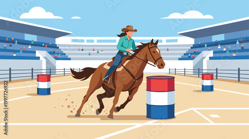 An exciting flat design illustration depicting a cowgirl and horse in swift action during a barrel racing event at the Calgary Stampede.