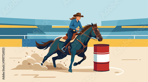 An exciting flat design illustration depicting a cowgirl and horse in swift action during a barrel racing event at the Calgary Stampede.