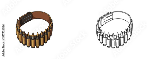 Leather ammunition belt with metal bullets in cartoon and line styles brown and gold colors equipment for hunting and army isolated on white background