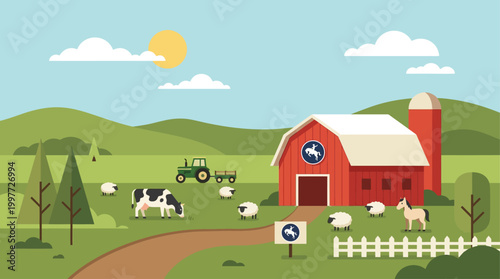 A serene flat design illustration highlighting the agricultural foundations and western heritage of the Calgary Stampede.