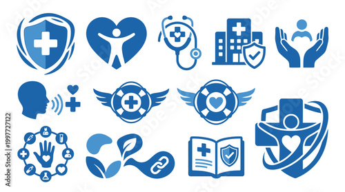 Collection of blue healthcare and medical icons, including symbols for health, life, care, and community support.