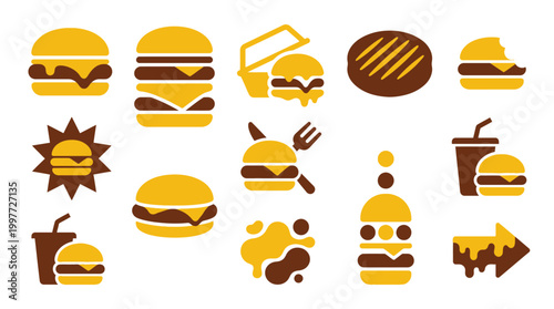 A collection of stylized, flat design icons representing various aspects of hamburgers and fast food.