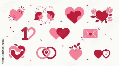 A collection of charming Valentine's Day themed icons featuring hearts, couples, and romantic symbols in shades of pink and red.