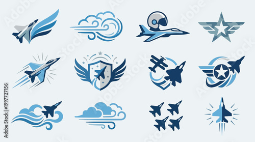 Collection of stylized vector illustrations featuring fighter jets, military aircraft, and aviation-themed emblems against abstract backgrounds.