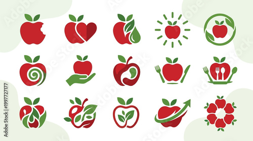 Collection of stylized apple icons representing healthy eating, organic produce, and food-related businesses.