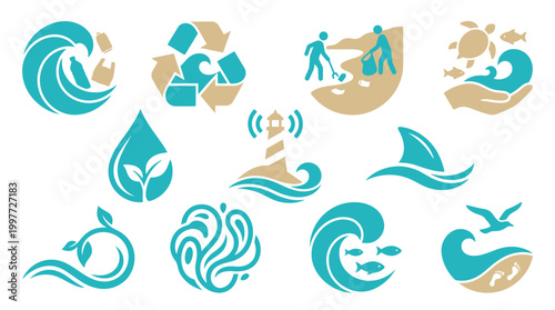 Collection of environmental conservation and marine life icons, featuring waves, recycling symbols, beach cleanups, sea turtles, lighthouses, and aquatic creatures.