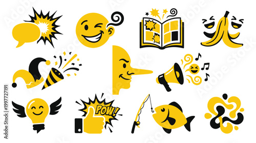A vibrant collection of yellow and black graphic icons representing various concepts like ideas, emotions, and communication.