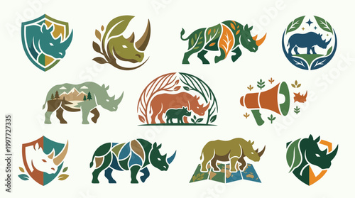 Collection of diverse rhino logos featuring natural elements and conservation themes.
