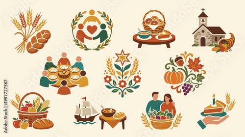 A collection of Thanksgiving-themed icons and illustrations celebrating harvest, family, community, and gratitude.