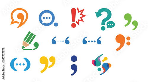 Collection of colorful punctuation marks and symbols representing communication, writing, and ideas.